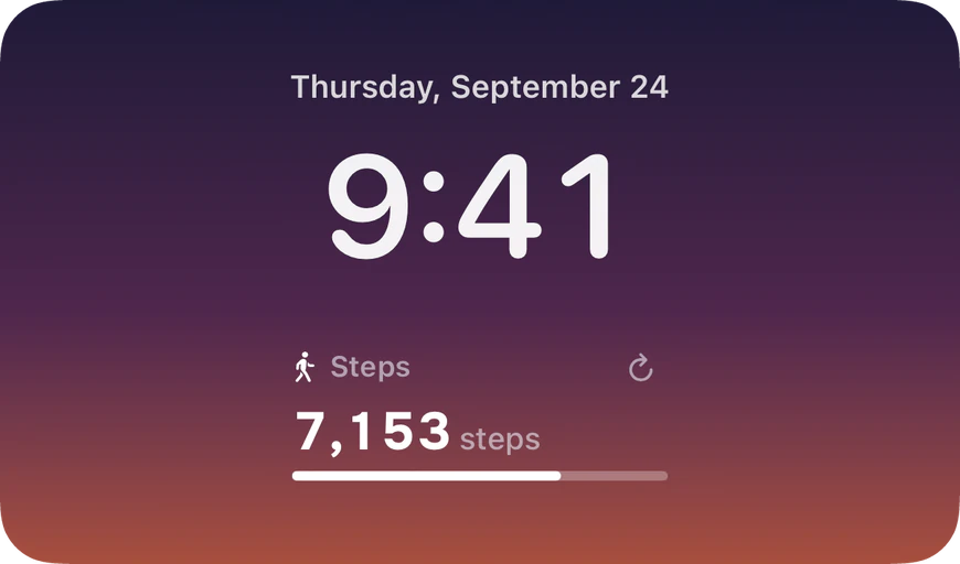 The Studio's Lock Screen preview: Thursday, September 24, 9:41, and a rectangular Steps widget under the clock reading 7,153 steps with a progress bar.